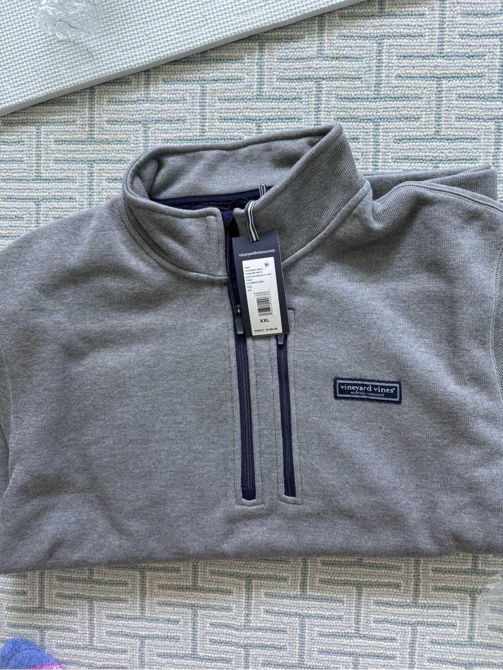 Vineyard Vines Men’s Light Gray Quarter-Zip Pullover with Navy Trim